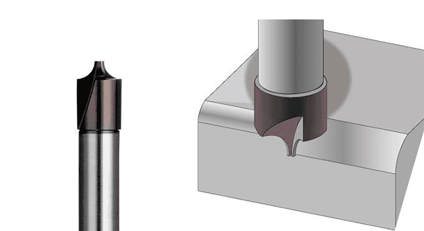Radius milling cutter type designed for smooth curved-edge finishing on machined parts