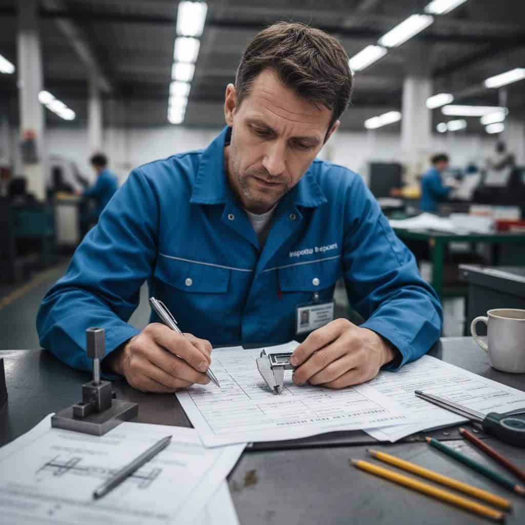 ช่างเทคนิค QC บันทึกข้อมูลการวัดด้วยมือจากเวอร์เนียร์คาลิปเปอร์ ซึ่งเป็นปัญหา Human Error ในกระบวนการควบคุมคุณภาพแบบดั้งเดิม