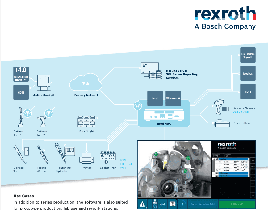 Rexroth i4.0 system diagram showing factory network connectivity between battery tools and SQL Results Server for real-time data monitoring.