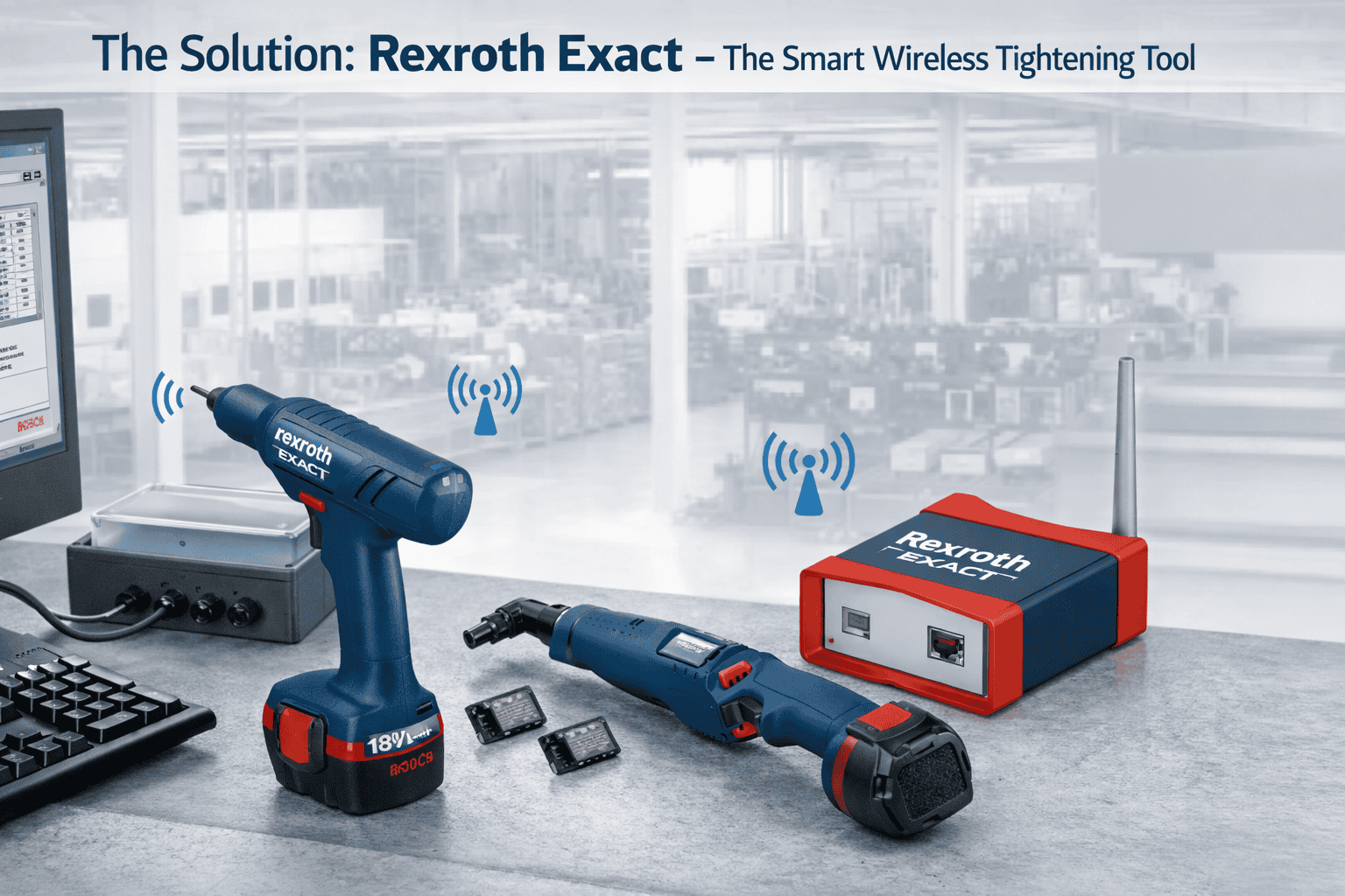 The Solution: Rexroth Exact - The Smart Wireless Tightening Tool system with cordless screwdriver and wireless receiver unit for digital manufacturing.