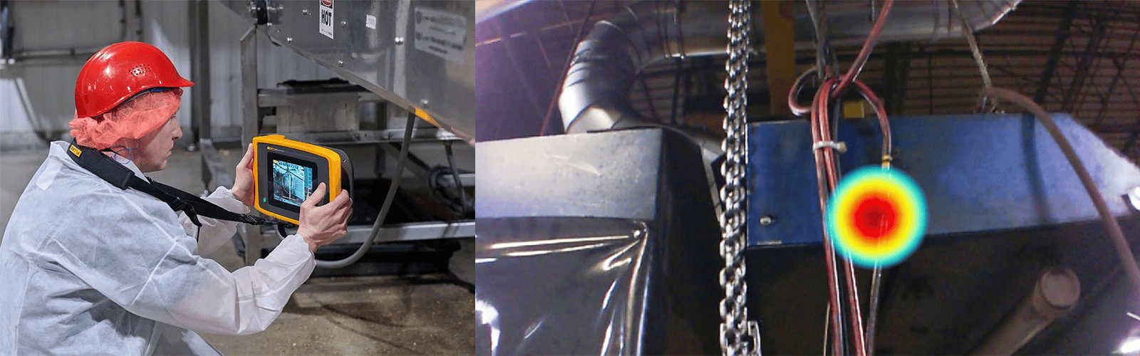 Technician using Fluke Acoustic Imager to visualize and pinpoint compressed air leaks in factory production line