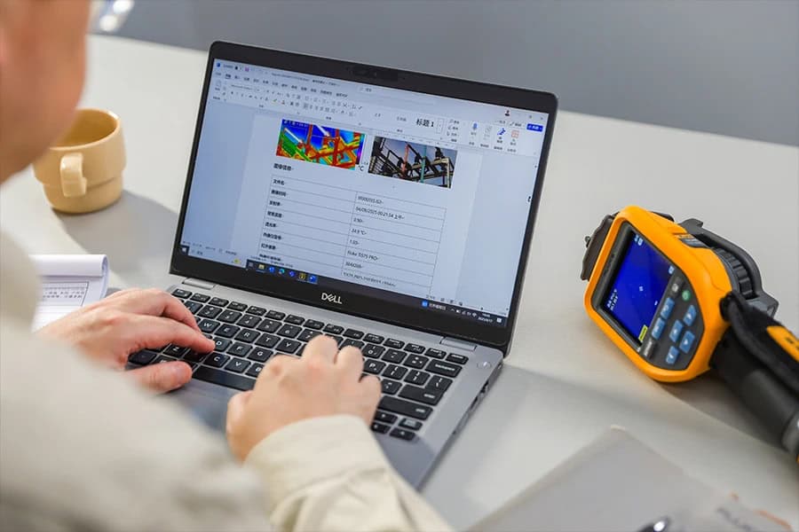 Professional technician using Fluke reporting software with thermal images from TiS PRO Series camera for industrial diagnostics