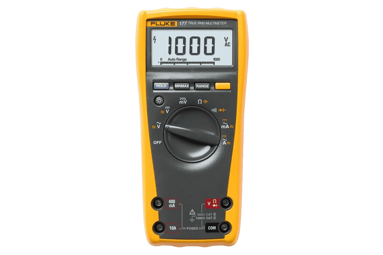 Fluke 177 True-RMS Digital Multimeter with backlight display for dark work environments.