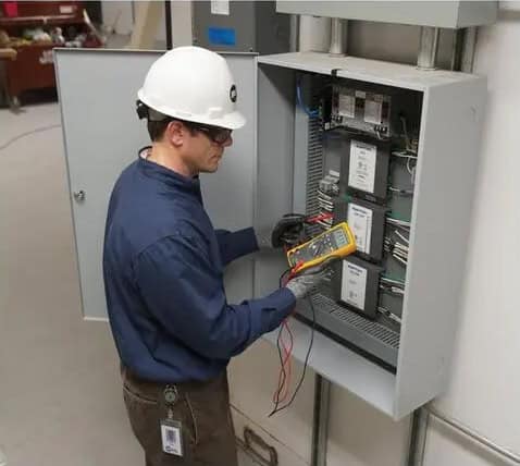 Technician using Fluke 177 True-RMS Digital Multimeter for industrial electrical panel maintenance and troubleshooting.