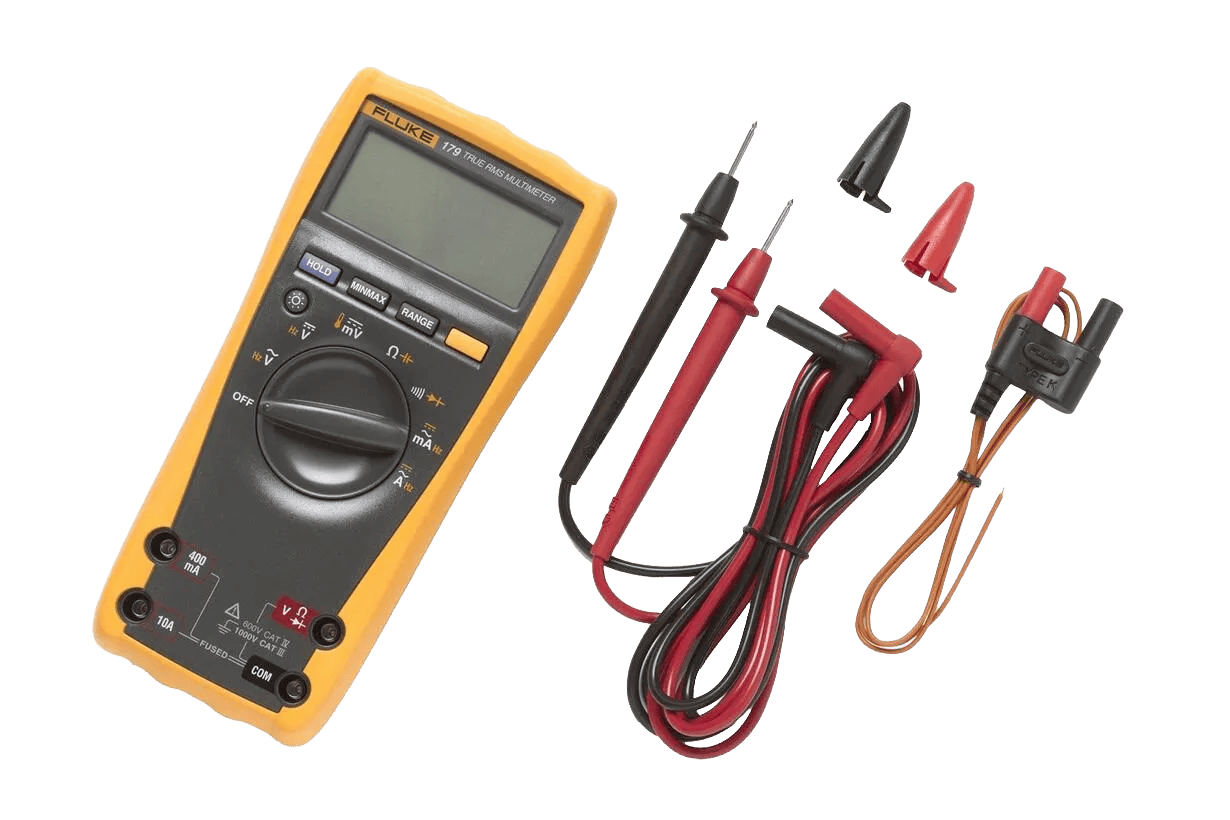 Fluke 179 True-RMS Digital Multimeter with 80BK temperature probe for industrial HVAC maintenance.