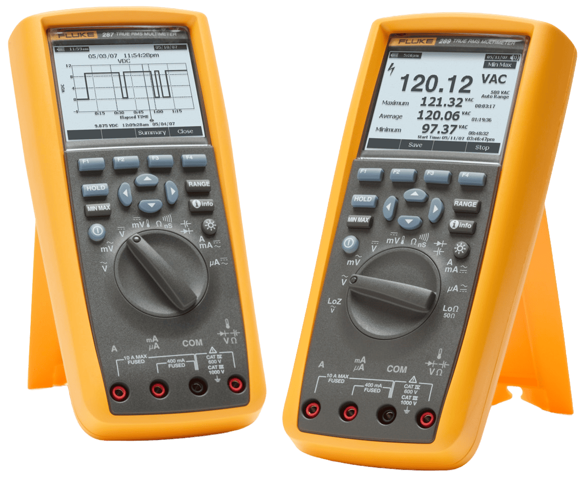 Two professional Fluke 280 Series digital multimeters: Fluke 287 (left) and Fluke 289 (right), standing on integrated orange kickstands, ready for precision measurements.