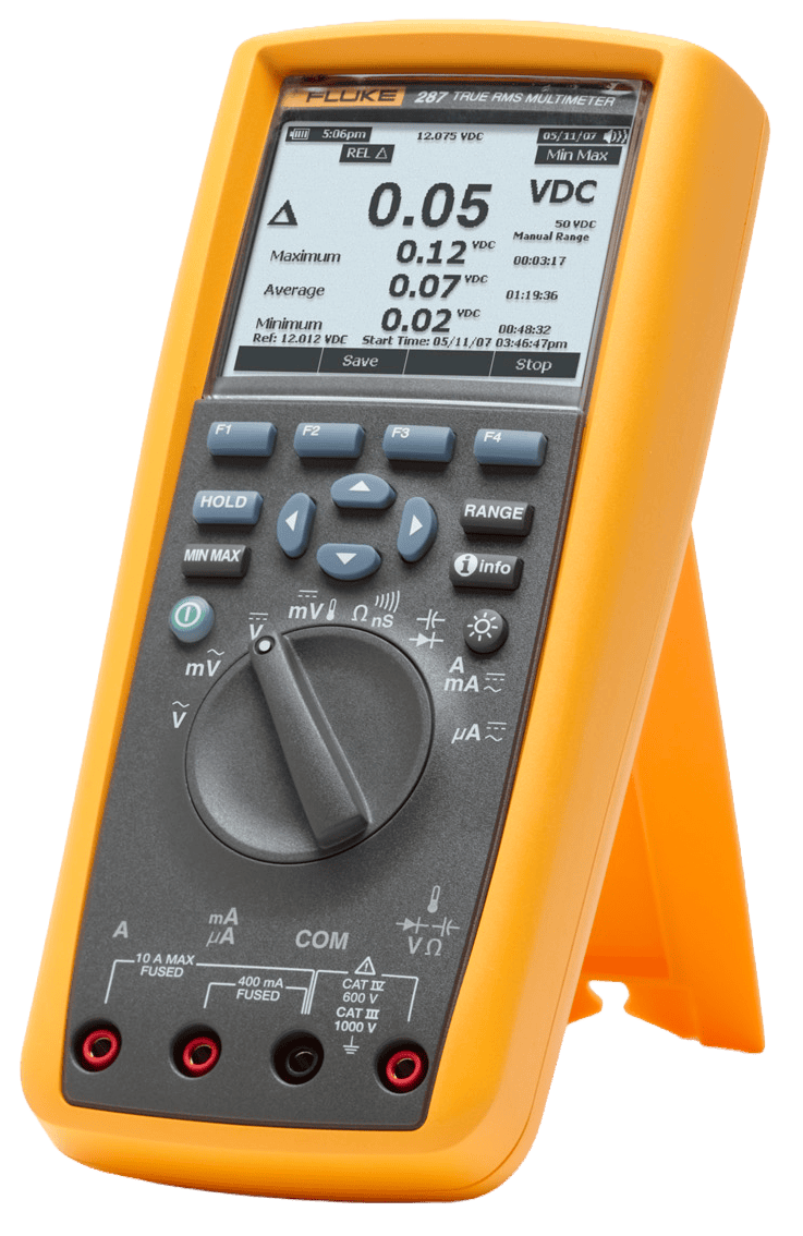 A transparent background professional shot of the Fluke 287 True-RMS Electronics Logging Multimeter standing on its orange kickstand, showing the detailed measurement screen, perfect for electronics and R&D analysis.