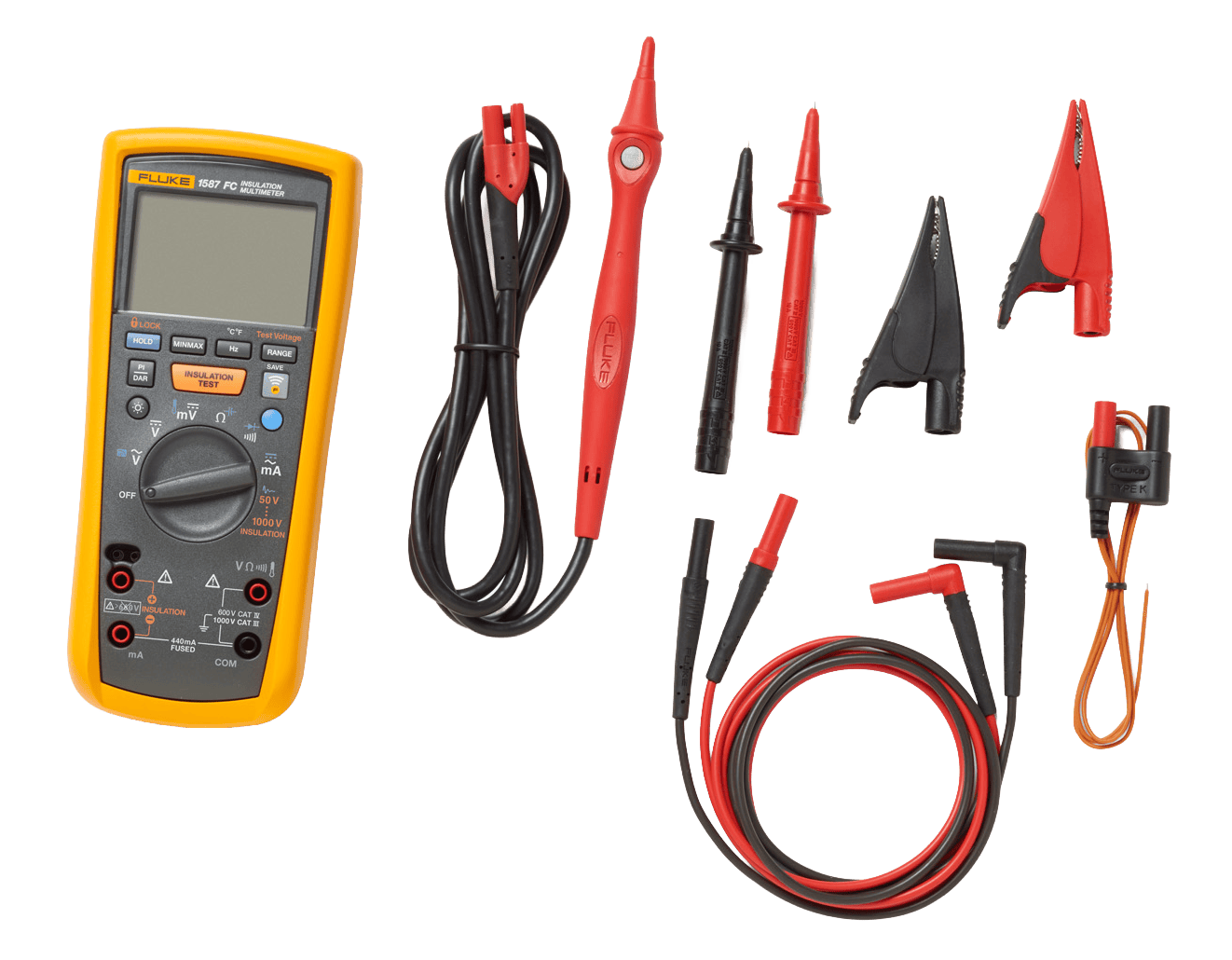 ชุดเครื่องมัลติมิเตอร์วัดฉนวนไฟฟ้า Fluke 1587 FC พร้อมอุปกรณ์สายวัดและโพรบสำหรับงานซ่อมบำรุงรถยนต์ไฟฟ้าอย่างปลอดภัย