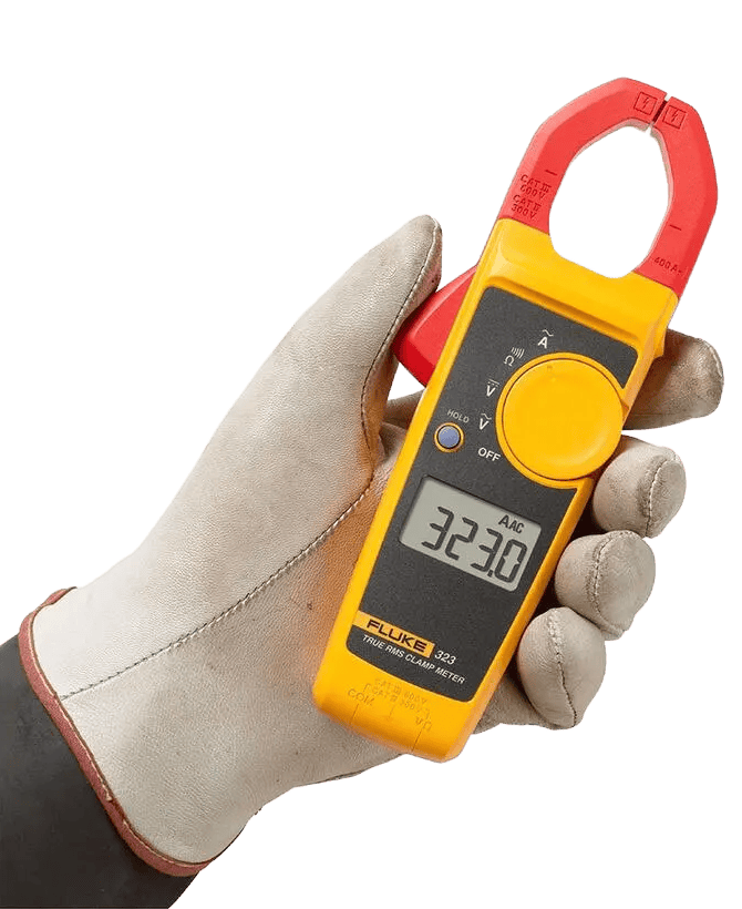A hand wearing a protective safety glove holding the Fluke 323 True-RMS Clamp Meter displaying 323.0 AAC for rugged electrical testing