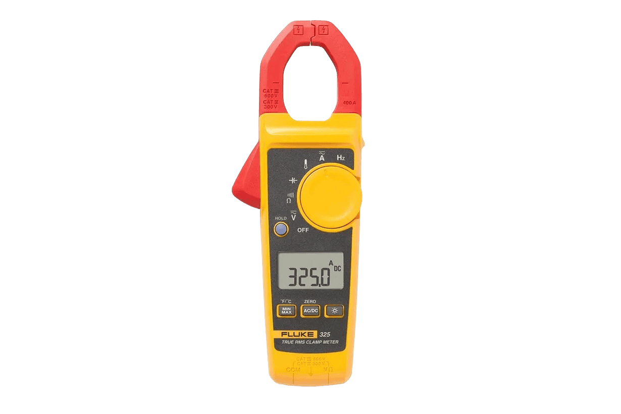 Fluke 325 True-RMS Clamp Meter displaying 325.0 A DC current measurement for electrical application guide